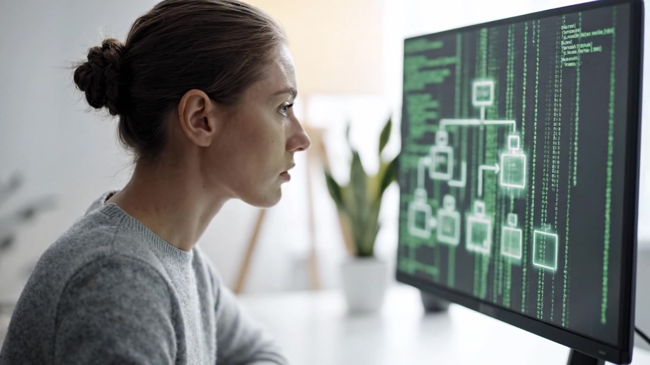 Focused computer programmer analyzing code and flowchart on screen, demonstrating concentration on software development and problem-solving in a modern workspace.