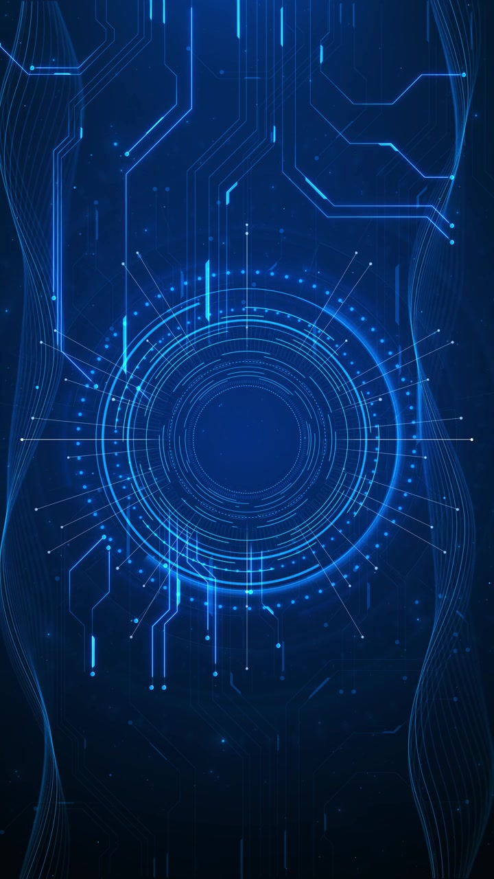 Rete HUD blu futuristica con interfaccia circolare, tracciati di circuito luminosi e sfondo tecnologico scuro