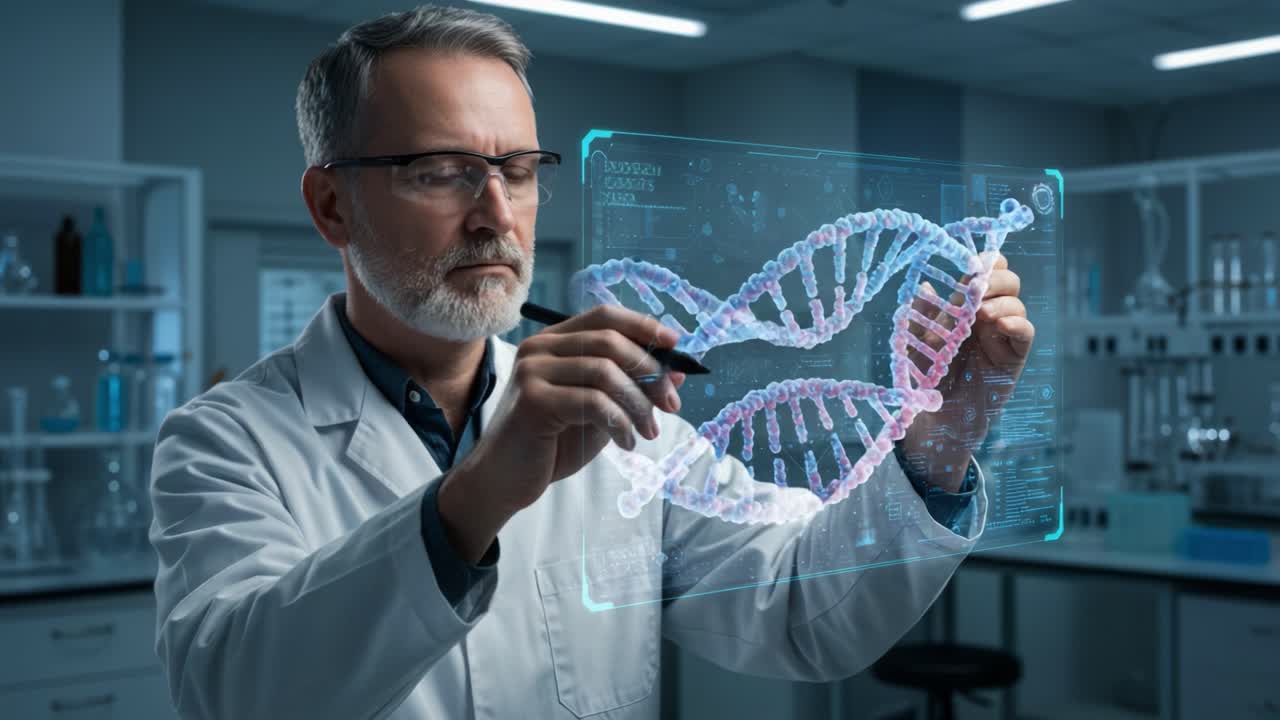 A Scientist Analyzes a Detailed Holographic DNA Structure in a Modern Laboratory Setting, Showcasing Advanced Research Techniques and Innovative Technology