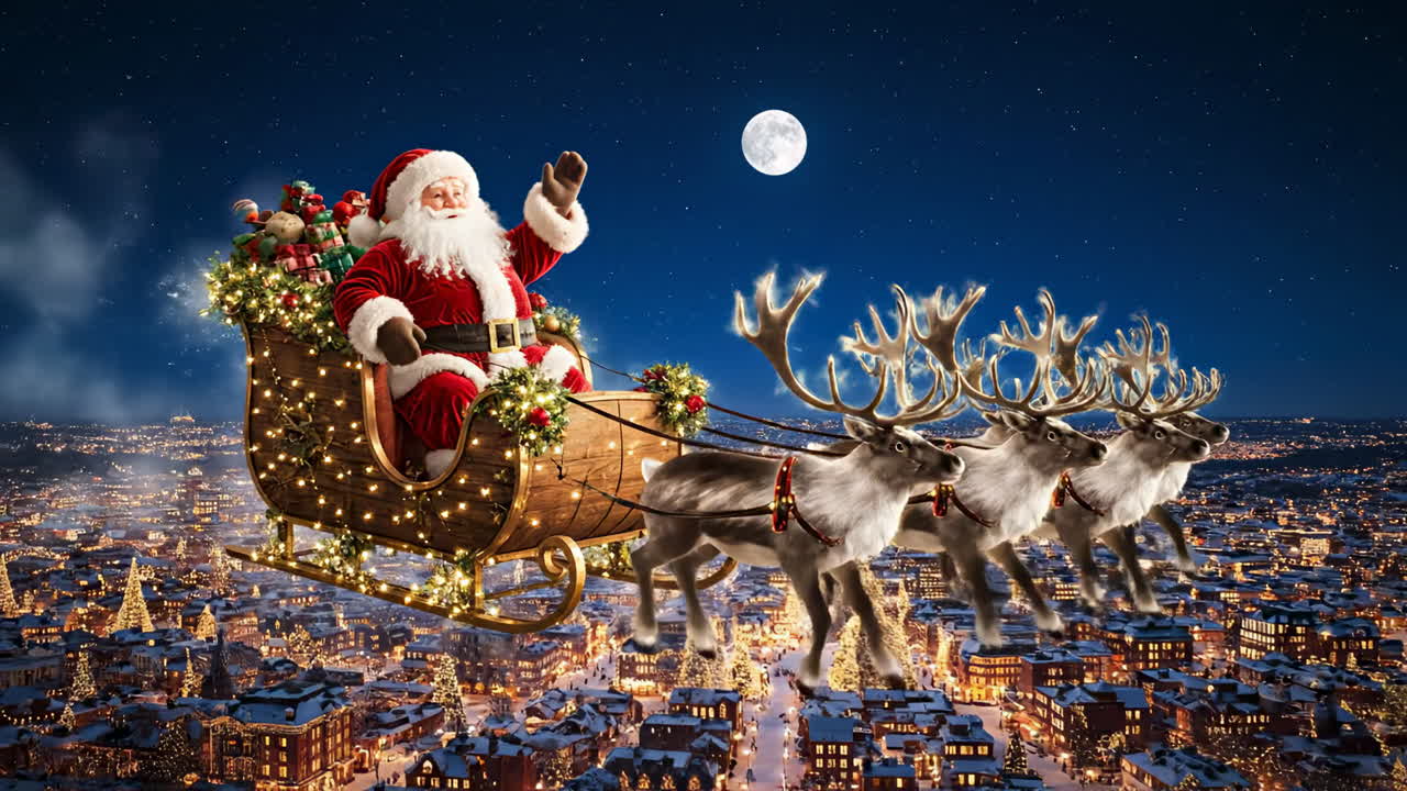 Santa delivers gifts over a snowy town. Santa waves from his sleigh, pulled by reindeer, over a snowy town, glowing under a bright moon