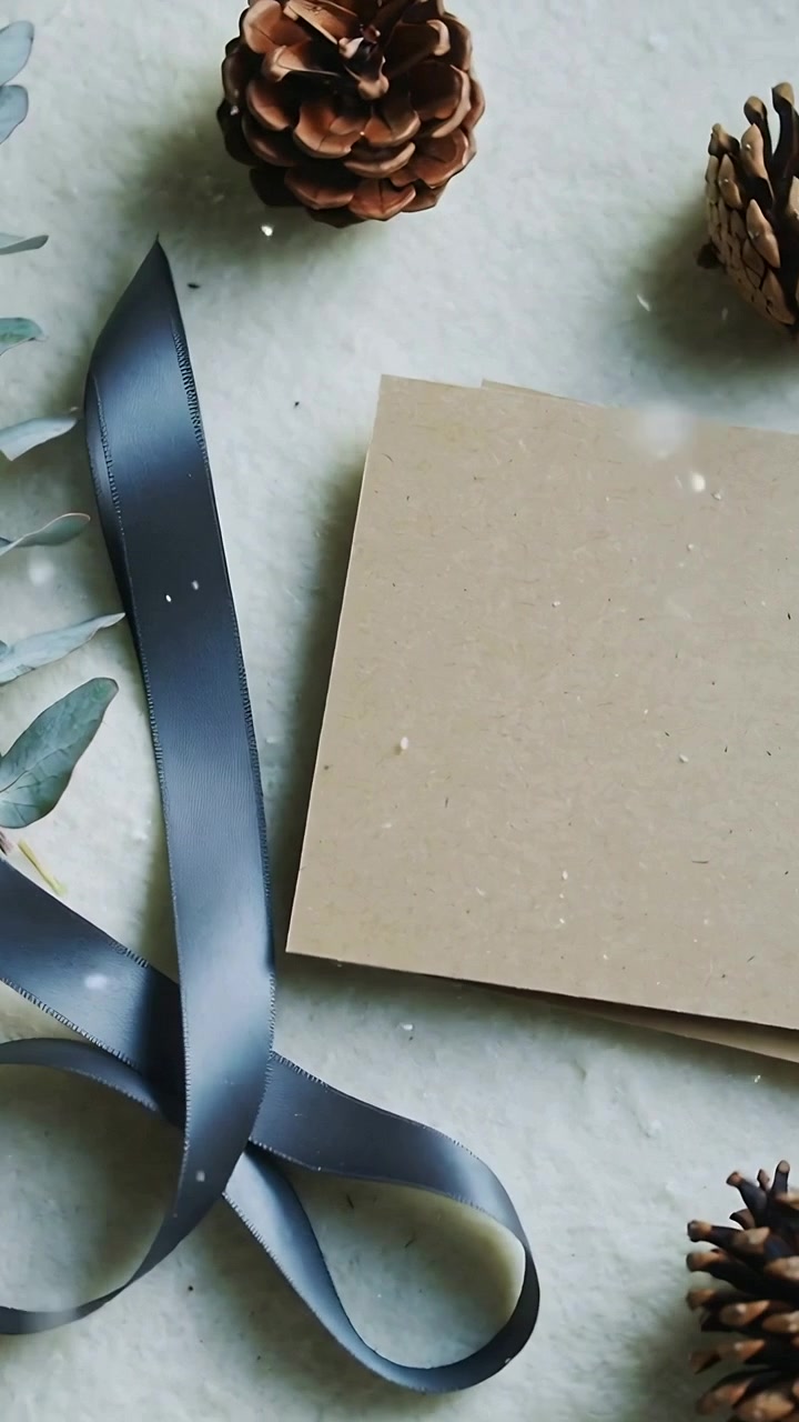 Video verticale: La telecamera si sposta mostrando un cartoncino kraft su feltro per una composizione flat-lay, con un nastro e frammenti che cadono.