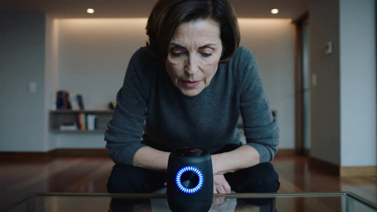 Donna con maglione grigio che si appoggia, parlando a uno smart speaker a casa, che risponde a un LED blu pulsante.