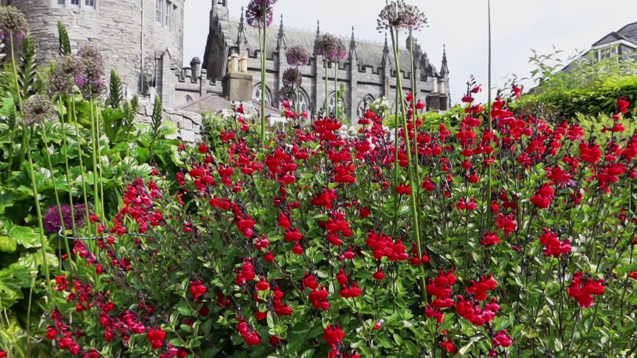 다채로운 꽃과 초록색을 지나 더블린 성 (dublin castle) 을 세우고, 구름이 가득한 날에