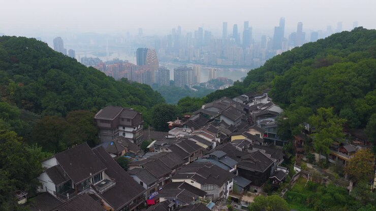 Aerial View Of Huangjueya Old Street In The Mountain In Chongqing, China
