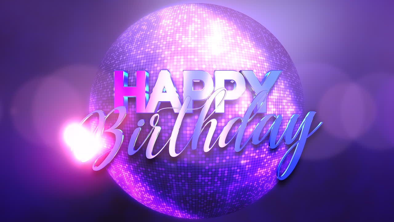 feliz cumpleaños con bola disco morada y brillos redondos