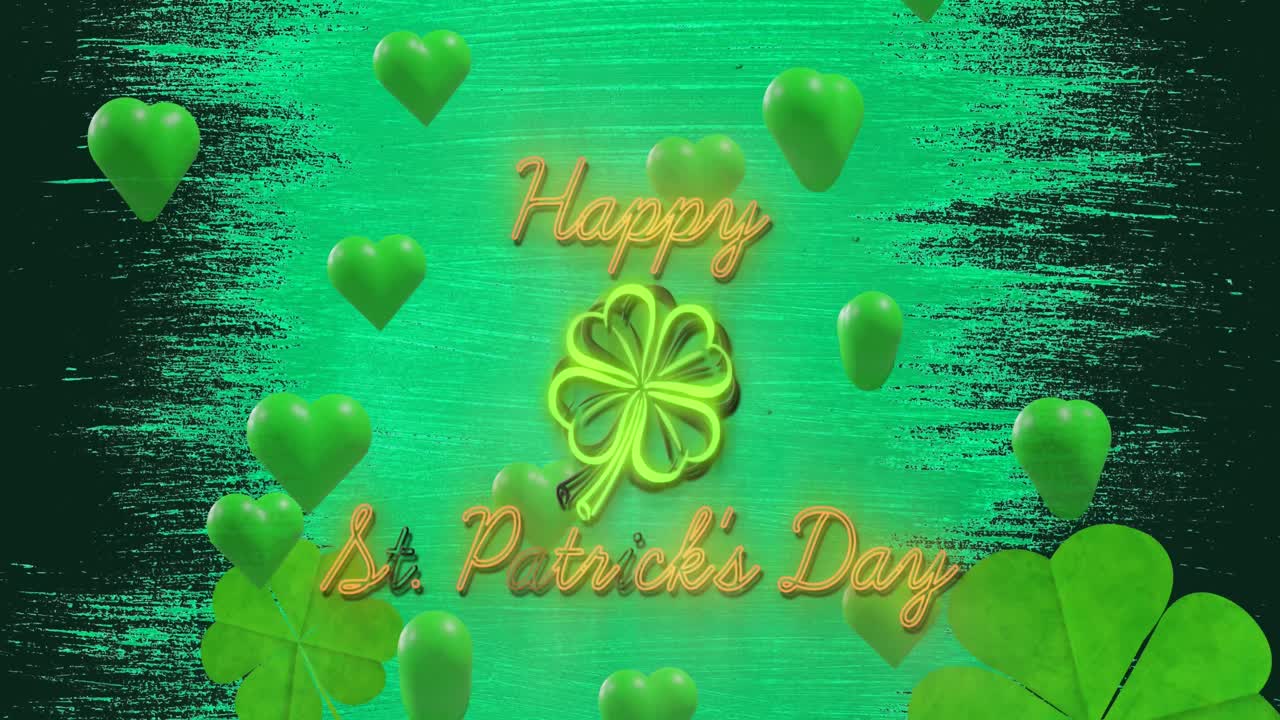 Animation of st patrick's day text and green hearts on green background