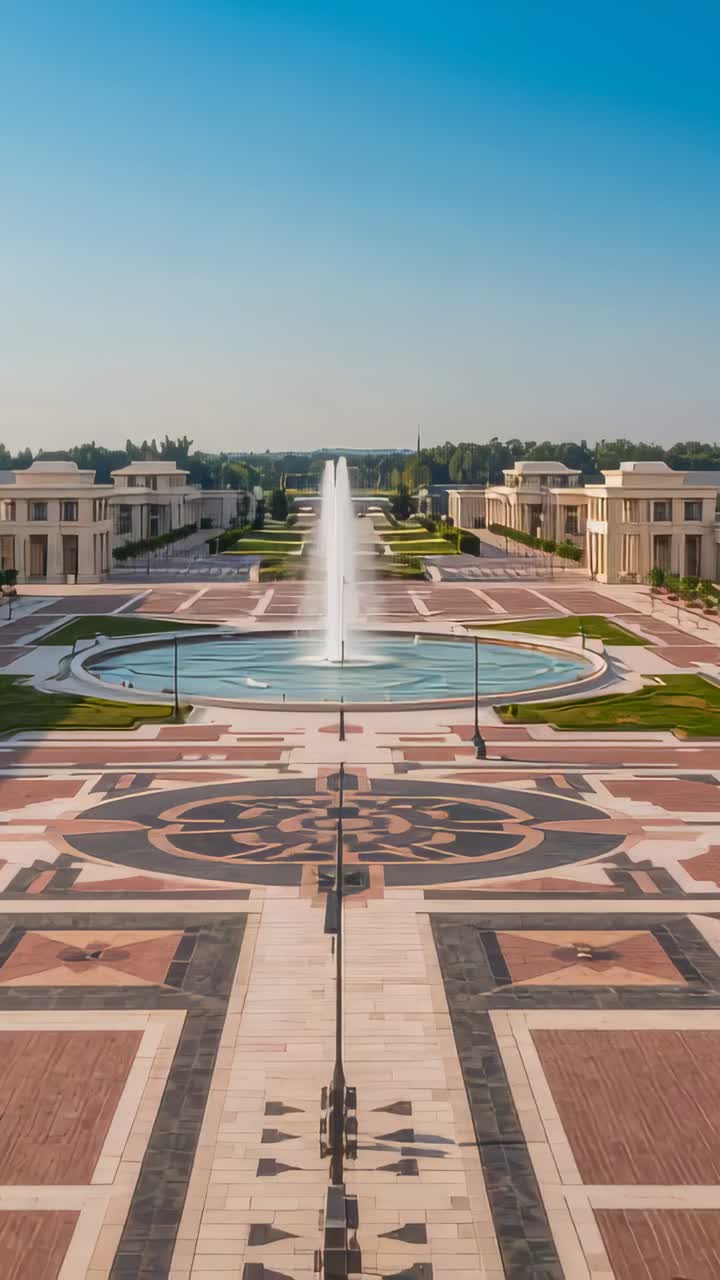 Vídeo vertical: cámara en movimiento que revela la fuente central y la piscina en la plaza, mostrando azulejos ornamentados