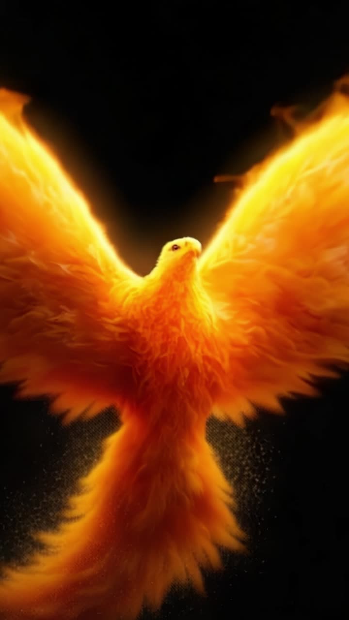 A majestic phoenix rises from the flames, symbolizing rebirth and renewal, as vibrant fire engulfs its wings amidst a dramatic dark background, captivating all who gaze