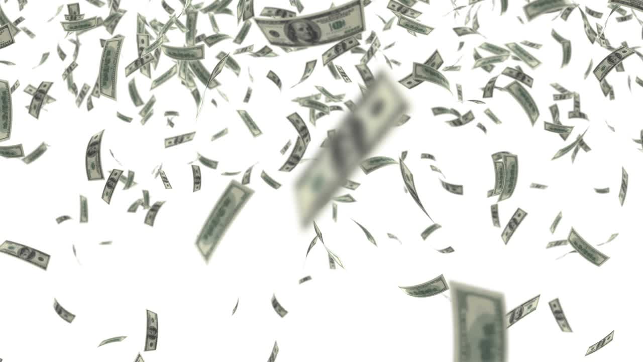 dinero cayendo sobre fondo blanco. 4k