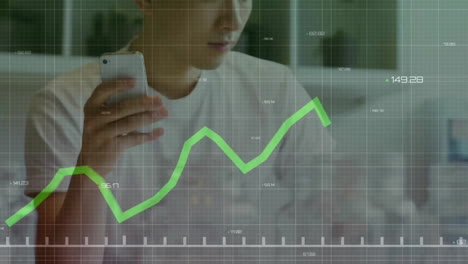 animation of graph with changing numbers over asian man holding phone and looking at groceries list