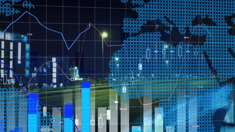animación del procesamiento de datos en diversos servidores informáticos y de datos financieros