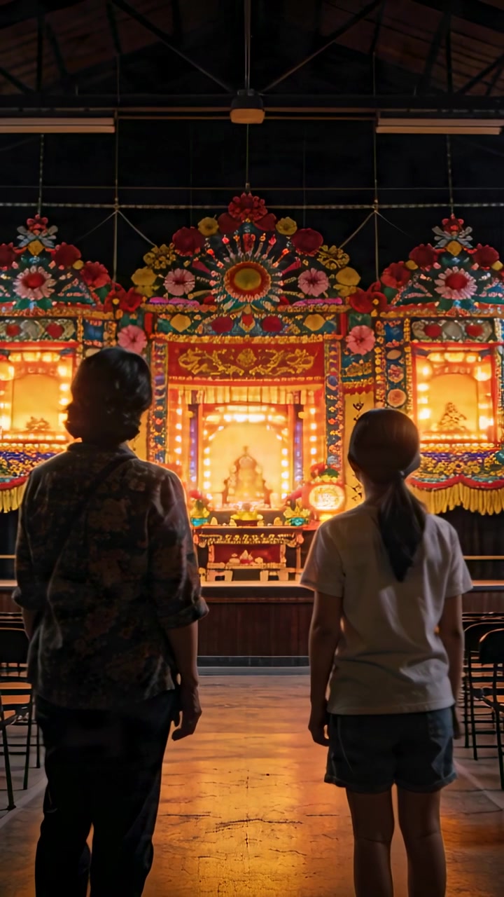 Vertical video: Reacting to camera, mom and daughter straightening, gazing at lit shrine, chairs