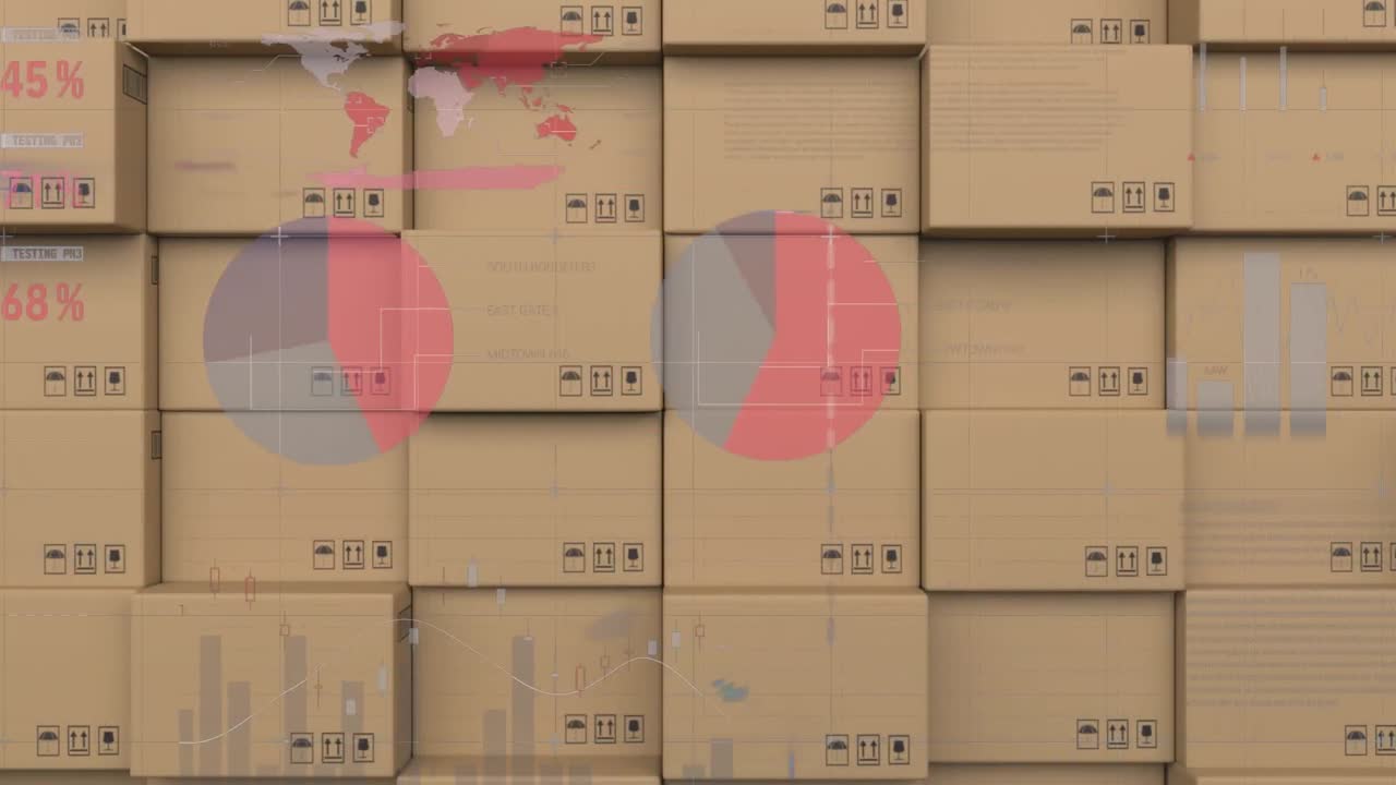 Animation of statistics processing over stack of boxes