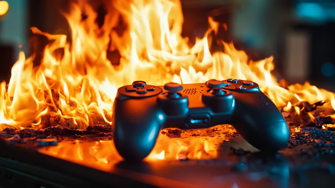 불타는 노트북 컴퓨터 위에 앉아 있는 비디오 게임 컨트롤러