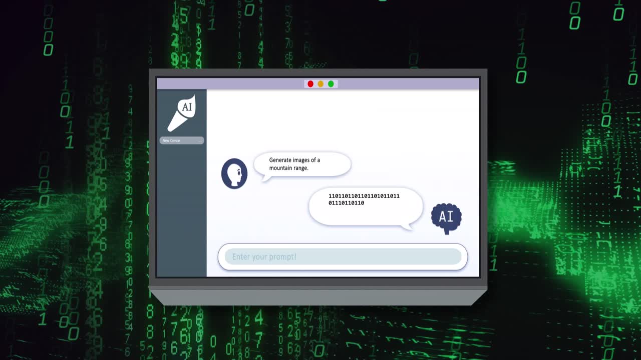 animación de un texto y procesamiento de datos de codificación binaria sobre la pantalla