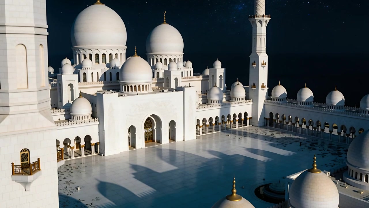 Telecamera in panoramica che rivela un complesso di moschee bianche di notte per mostrare dettagli, cupole e un minareto.