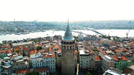 Cinematic-Establishing-Drone-Video-of-the-Galata-Tower-in-Beyoglu-District-In-Istanbul,-Turkey