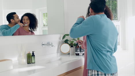 love, hygiene and couple brushing teeth