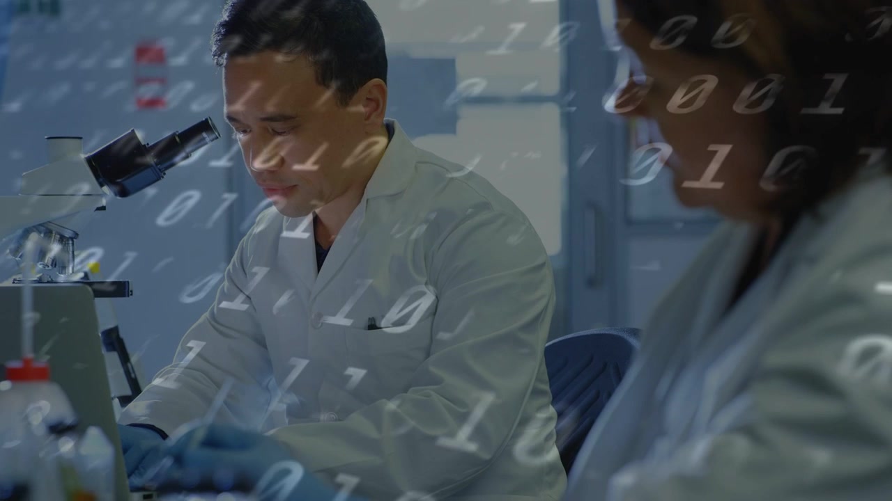 Man starting prep at lab bench, using pipette by microscope, capturing data under binary overlay