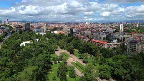 Aerial-shot-of-Zaimov-Park-in-Sofia,-Bulgaria