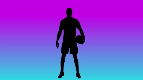 video of black silhouette of male soccer player with ball on blue to purple background