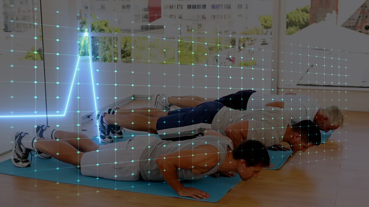 Three men starting low push-up, pressing and lowering on blue fitness mats with ECG overlay pulsing