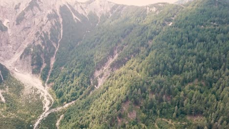 Gradually-crane-up-drone-shot-of-a-forest-surrounded-by-mountains