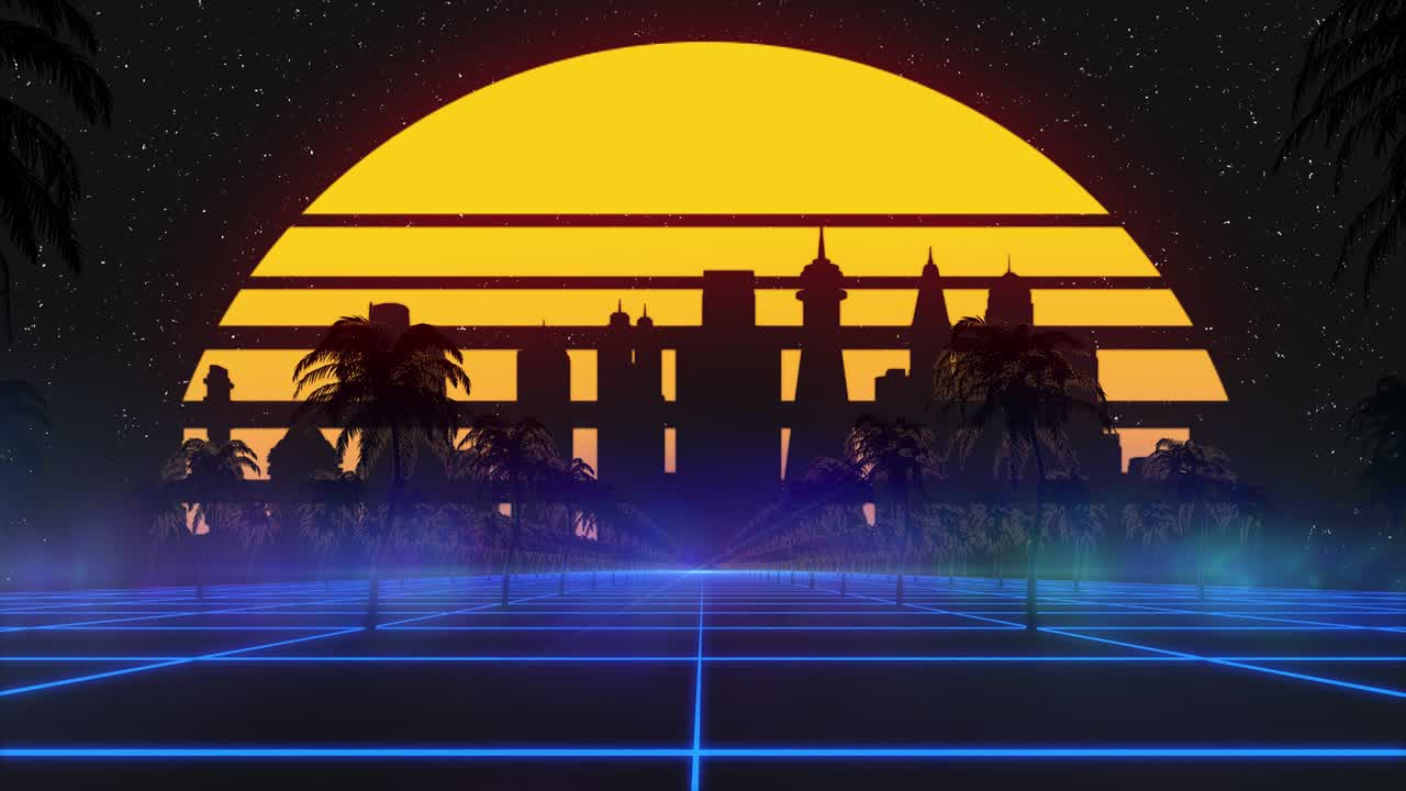 현대적인 도시, 나무, 태양 및 반이는 별과 함께 스타일화 된 빈티지 3d 애니메이션 배경.