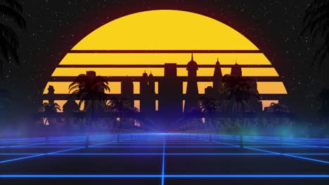 estilizado vintage fondo de animación 3d con ciudad moderna, palmeras, sol y estrellas brillantes. 80s retro futurista ciencia ficción bucle sin costuras