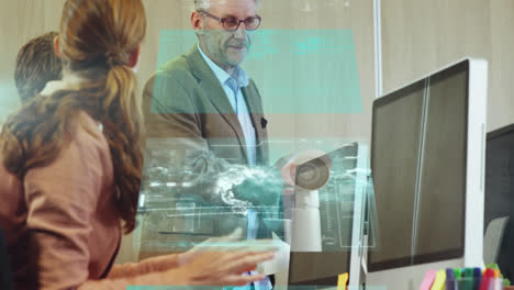 Animation-of-data-over-happy-caucasian-diverse-male-and-female-colleagues-clapping-hands-in-office