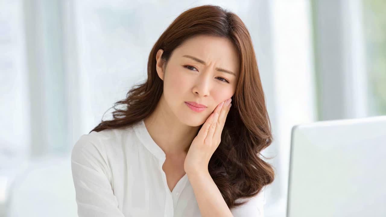 A woman appears distressed while experiencing tooth pain at her desk, showcasing her discomfort and the impact of dental issues on daily life and work productivity