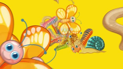 animated caterpillars, butterflies, and worms swirl and cluster dynamically on a bright yellow background, using smooth, playful transitions and vibrant cartoon style