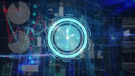 Animation-of-ticking-clock-over-statistical-data-processing-and-digital-waves-on-blue-background