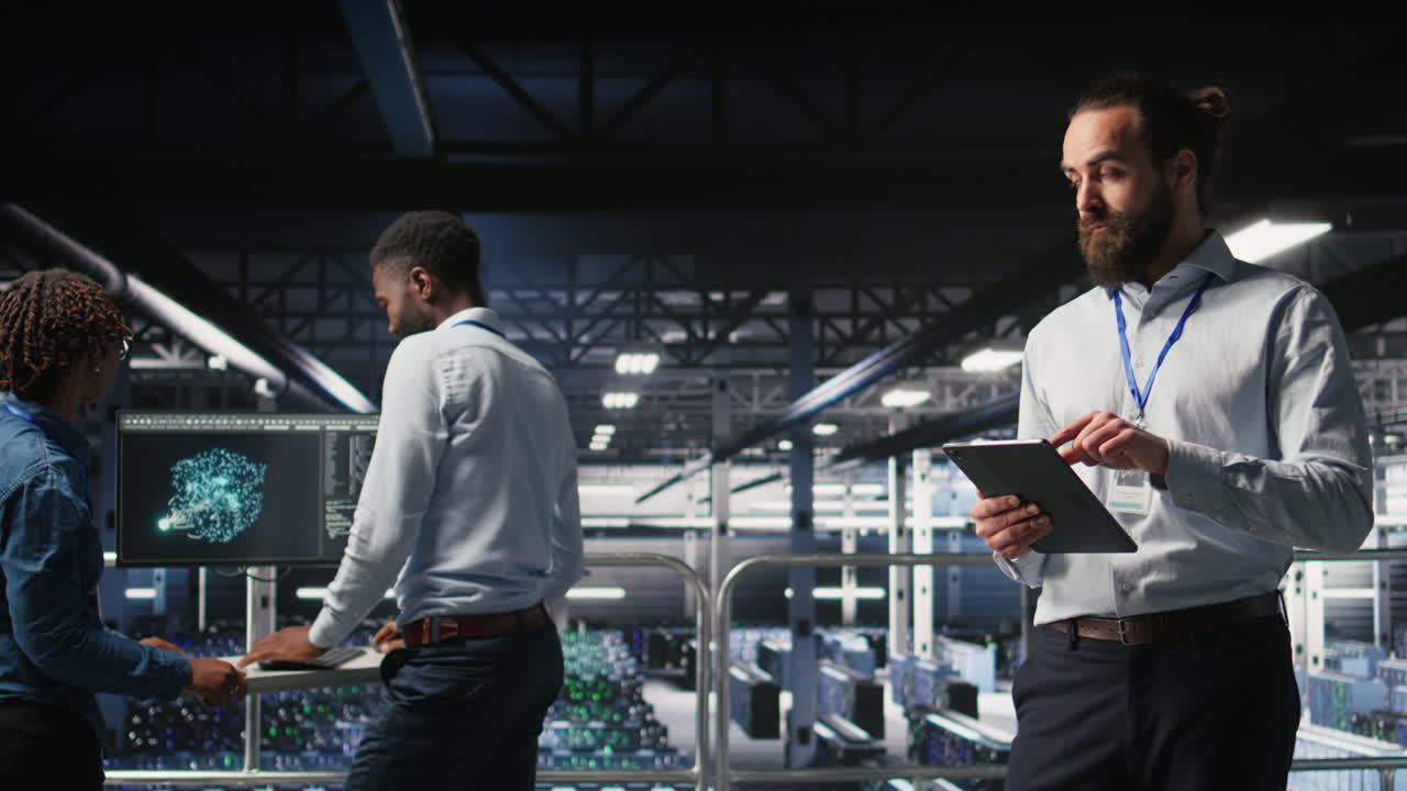 Server room technician next to coworkers reviewing AI LLM visualization