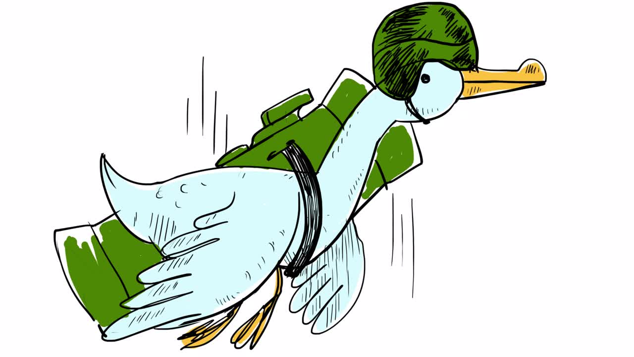 A cartoon goose flies with a helmet and a grenade launcher.
