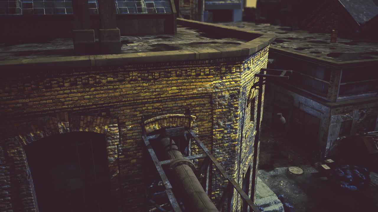 Urban decay captured in a dimly lit industrial setting during twilight
