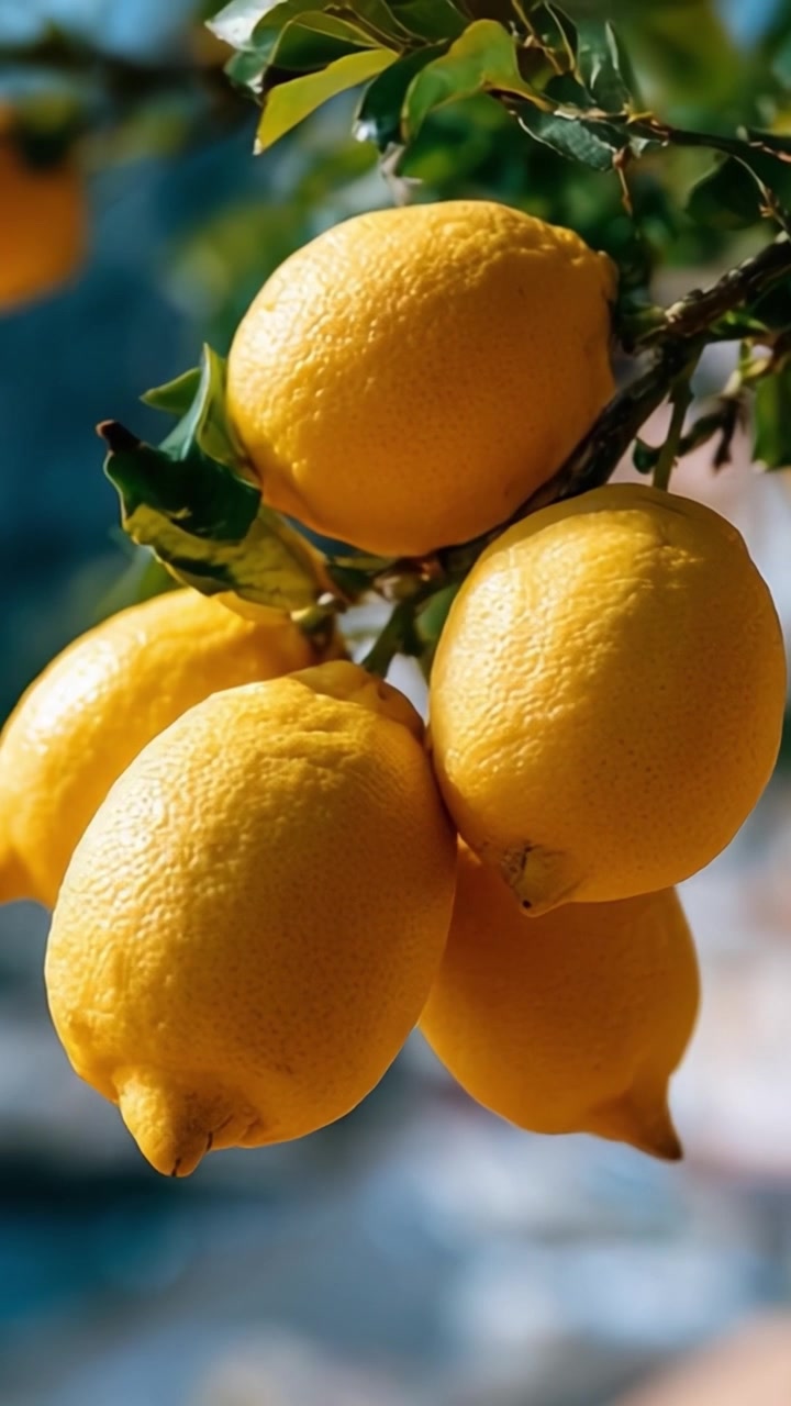 Un raccolto abbondante di limoni vivaci appesi a un ramo, immersi in una luce naturale brillante con uno sfondo sfocato per un aspetto fresco e succoso.