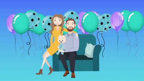 Animación-De-Una-Ilustración-De-Padres-Felices-Sosteniendo-A-Un-Bebé,-Con-Globos-De-Colores-Sobre-Fondo-Azul