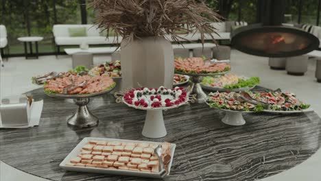 luxury buffet spread with shrimp skewers and assorted seafood dishes