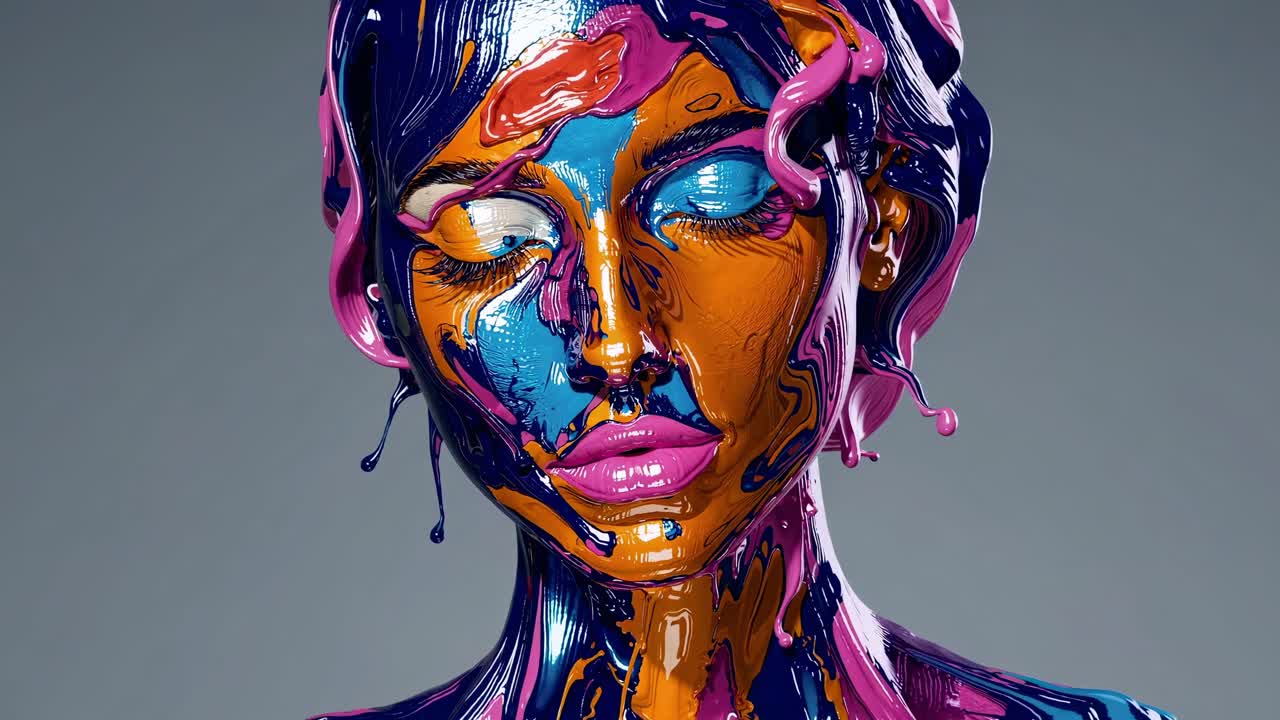 Vibrant colors of paint flowing over a woman's face and body, forming an abstract and artistic portrait with closed eyes and glossy lips on a gray background