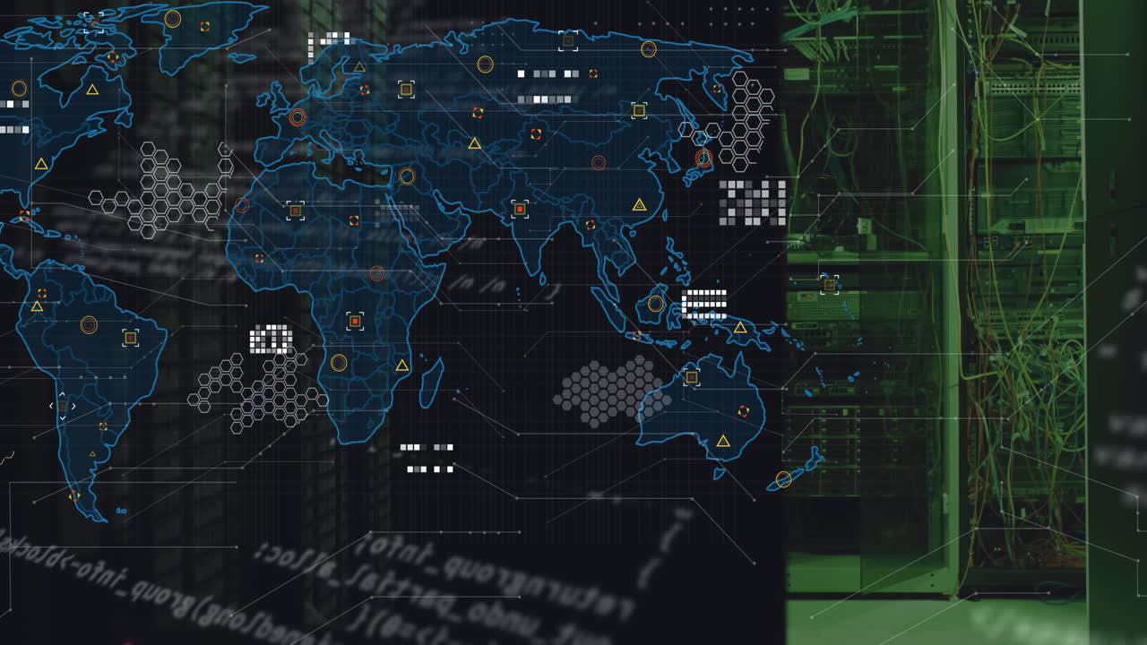 Animation of data processing and world map over server room