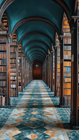 beautiful library hallway with shelves and blue ceiling details