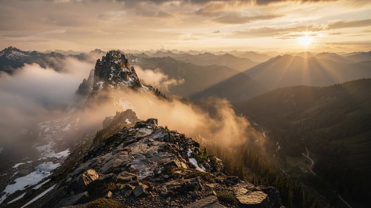 Osservando una cresta rocciosa e una cima frastagliata che rivelano le texture sulla cima alpina mentre il sole che sorge riscalda la nebbia.