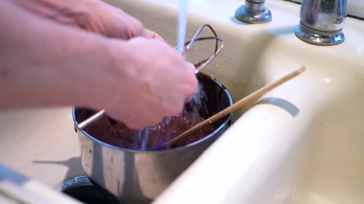 Uno chef che pulisce e lava i piatti, le ciotole e gli utensili sporchi di impasto di torta al cioccolato nel lavello dopo aver cucinato.