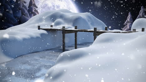 winter scenery with full moon and falling snow