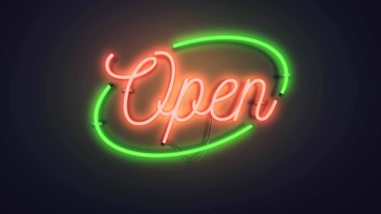 Realistic 3D render of a vivid and vibrant animated neon sign, with the word Open illuminated, with a plain background