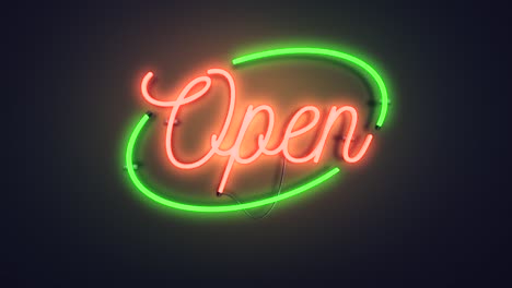 Realistic-3D-render-of-a-vivid-and-vibrant-animated-neon-sign,-with-the-word-Open-illuminated,-with-a-plain-background