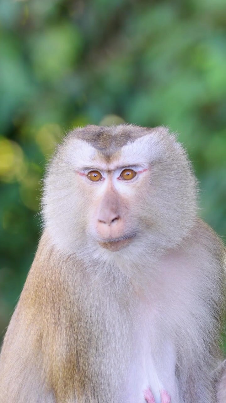 Macaque monkey sits alert in lush rainforest, natural daylight, shallow depth, steady close-up shot
