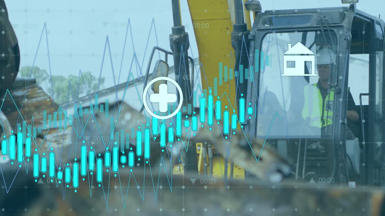 Animation of financial data processing with icons over caucasian worker at rubbish dump