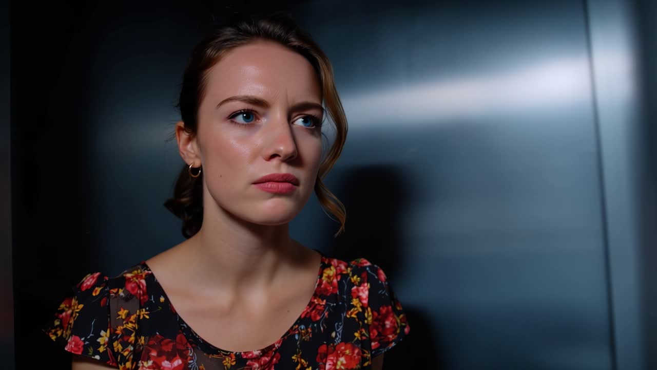 Una donna vivace che sperimenta intense emozioni in ascensore, passando dalla rabbia alla contemplazione, evidenziata dall'abito floreale e dall'illuminazione drammatica.